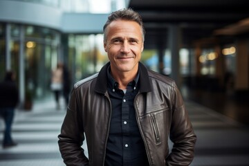 Portrait of a blissful man in his 50s wearing a trendy bomber jacket against a sophisticated...