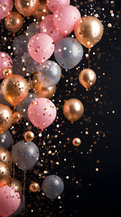 Pink, black and golden balloons with sparkles high detailed black background. Birthday celebrate wallpaper