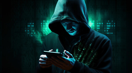 Dangerous hooded hacker with smartphone in his hand. Internet, cyber crime, cyber attack, system breaking and malware concept. Anonymous. Dark background. made with generative ai