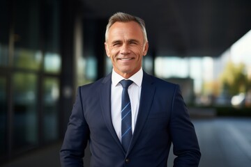 Portrait of a grinning man in his 50s wearing a professional suit jacket against a sophisticated corporate office background. AI Generation