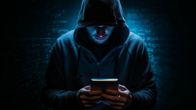 Dangerous hooded hacker with smartphone in his hand. Internet, cyber crime, cyber attack, system breaking and malware concept. Anonymous. Dark background. made with generative ai - Powered by Adobe