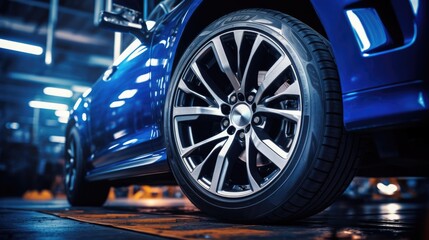 Close-up of car mechanic changing wheel alloy tire in garage. Repair or maintenance auto service.