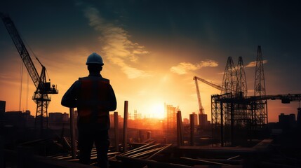 silhouette of a person in the sunset at construction