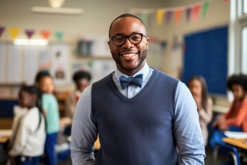 smiling African American man wearing glasses teaching in classroom. AI Generated