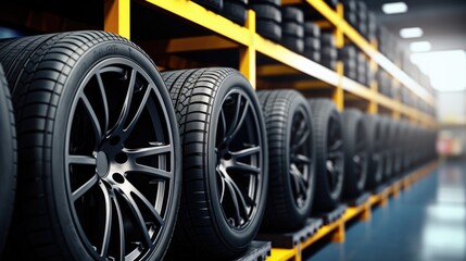 New tire is placed on the tire storage rack on warehouse, Car tires. - obrazy, fototapety, plakaty