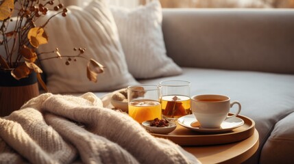 Cup of tea with steam on a serving tray in home interior of living room. Breakfast over sofa in morning. Cozy winter concept.