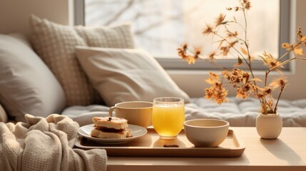Cup of tea with steam on a serving tray in home interior of living room. Breakfast over sofa in morning. Cozy winter concept. - obrazy, fototapety, plakaty