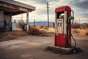 Ancient gas pump in the setting of an retro gas station - obrazy, fototapety, plakaty