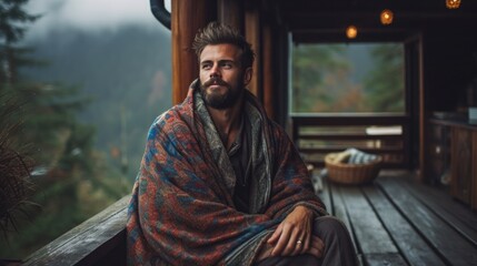 Traveler man in blanket relaxing on porch of wooden cabin in winter day with snow on background of woods in mountains.