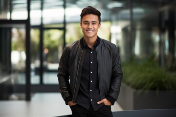 Portrait of a smiling man in his 20s wearing a trendy bomber jacket against a sophisticated corporate office background. AI Generation