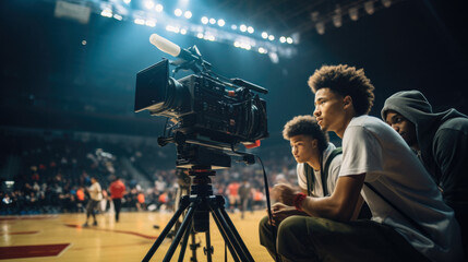 Three friends watching basketball game near professional video camera - obrazy, fototapety, plakaty