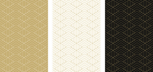 Seamless gold abstract geometric line vector background pattern with editable stroke. Luxury background texture for a Christmas, certificate, diploma, award, gift card, or voucher