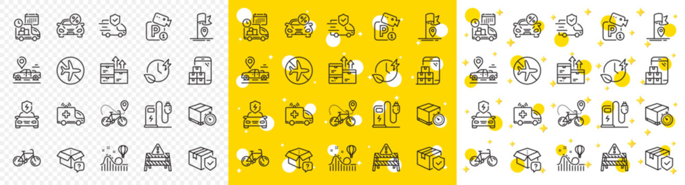 Outline Parking security, Wholesale goods and Warning road line icons pack for web with Car leasing, Bicycle, Transport insurance line icon. Bike delivery, Roller coaster. Vector