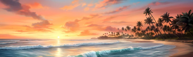 Türaufkleber Image of beach scene with palm trees at sunset. Generative AI © Paradoxx
