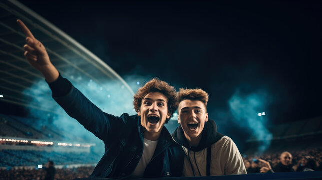 Two excited young men football fans cheer in stadium