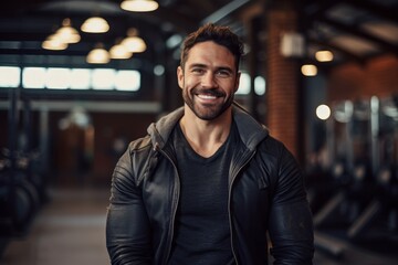 Portrait of a smiling man in his 30s sporting a rugged denim jacket against a dynamic fitness gym background. AI Generation