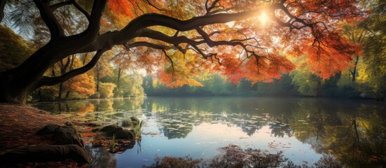 In the beautiful park with a lush green garden in the background a magnificent tree stood tall its leaves shimmering in the summer sunlight while nearby a field of vibrant autumn colors cont