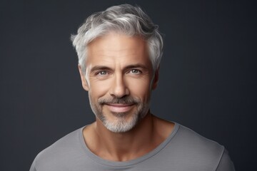 Aging mature man with gray hair and happy smiling.adult man with healthy face skin - obrazy, fototapety, plakaty