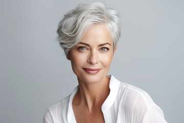 Adult woman with smooth healthy face skin. Beautiful aging mature woman with gray hair and happy smiling touch face. Beauty and cosmetics skincare advertising concept