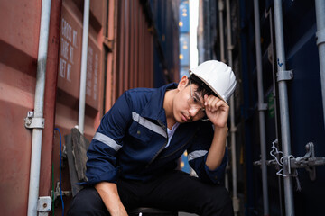 Fototapeta premium The foreman inspects product details and is tired from the hot weather. Technician concept in container yard.