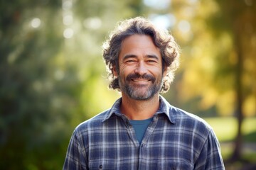 Portrait of a smiling man in his 40s dressed in a relaxed flannel shirt against a bright and cheerful park background. AI Generation