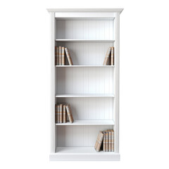 White bookshelf with books, transparent background, png