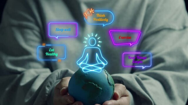 Woman is holding the earth model on her hand that above have illustration human sit on it. Vector neon illustration of think positive, sleep well, eat heathy, excises and keep simple with human medita