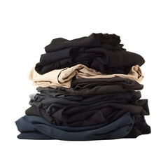 A pile of clean black laundry stacked for washing, white background