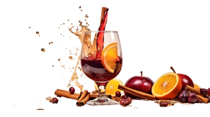 Traditional Christmas hot alcohol drink, red mulled wine with oranges, cinnamon and spices, white background