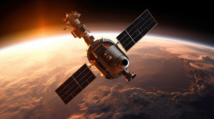 Satellite Orbiting Earth at Sunset