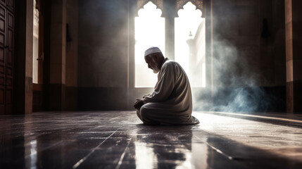 Fototapeta premium Man Praying in Mosque at Sunrise