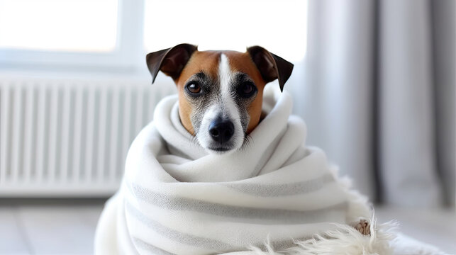 jack russell terrier sitting on the floor, Cute dog is freezing in living room and warming himself under blanket near radiator