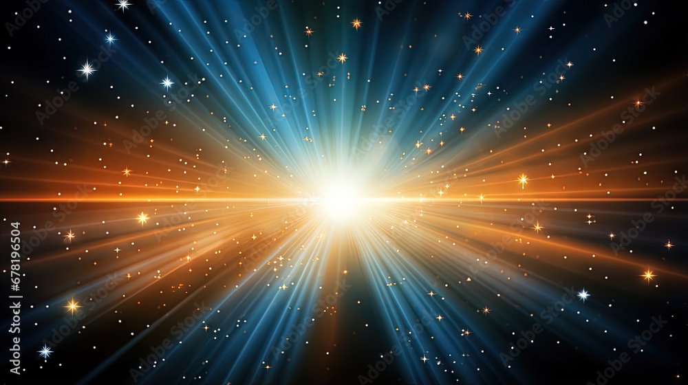 Poster Abstract backgound with blue and orange light rays. God rays or light burst with bokeh.