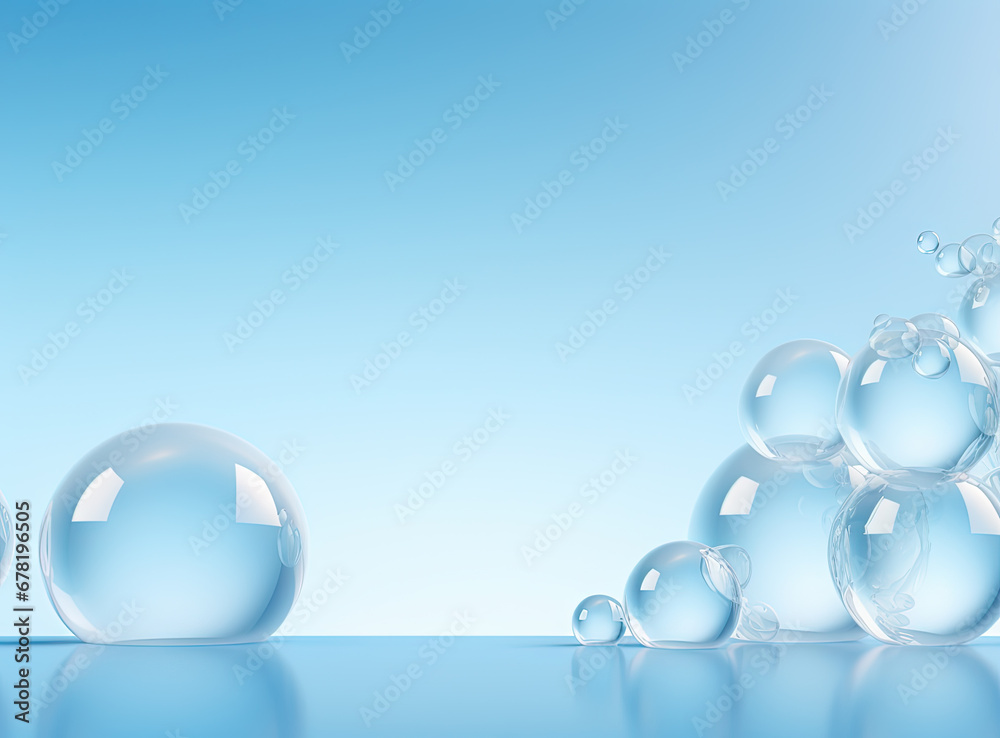 Poster Soaring bubbles on blue background. Abstract soap bubbles floating background.