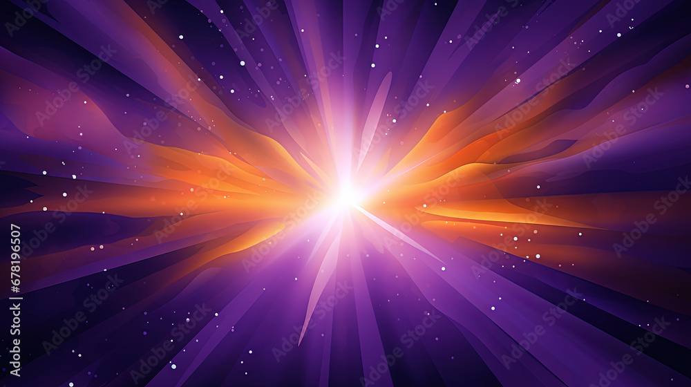 Poster abstract backgound with purple and orange light rays. god rays or light burst with bokeh.