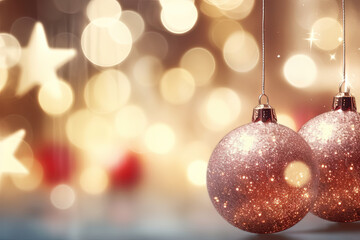 Christmas glass balls on the blurred background with bokeh. Winter holidays greeting card.