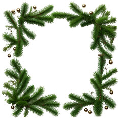 Fototapeta na wymiar Green christmas tree branches, fir tree wreath frame with pine cones and tinsel
