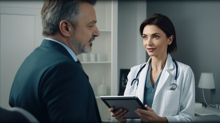 Patient in doctor's consultation office listening to experienced doctor using digital tablet computer to display