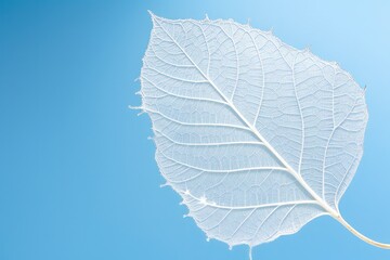 beautiful white skeletonized leaf on blue background