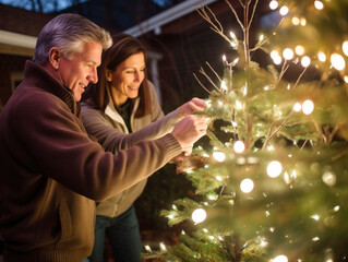 A couple were doing Christmas decorations in their backyard at night