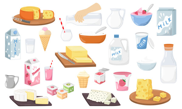 Set of dairy products. Milk, fruit yoghurts, sour cream, different types of cheese, ice cream. Dairy products. Dessert. Vector illustration. Nutrition concept. Kitchen image.