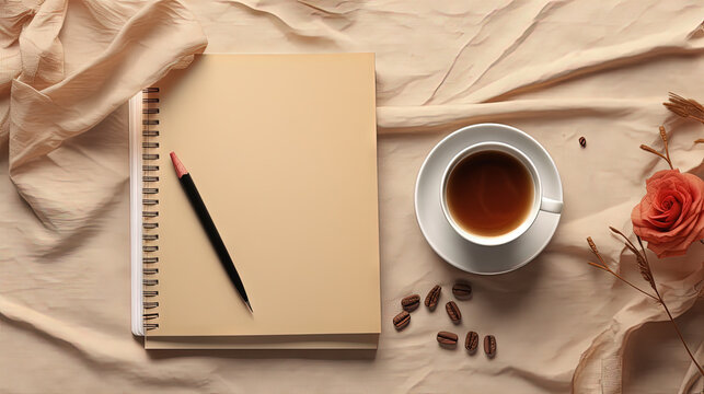 Cup of coffee and notepad with pen composition, top view.