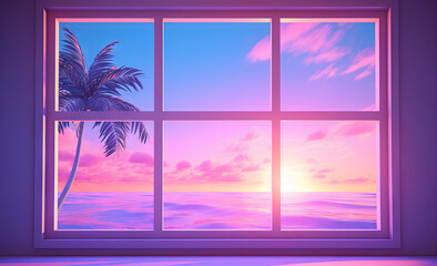 Open window with tropical landscape and ocean in vaporwave style. Purple sundown in 90s style room, vacation calmness frame.