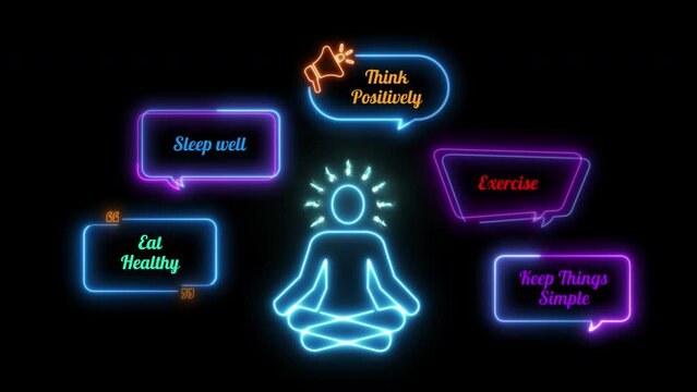 Mental health, wellness being or balancing life concept. Vector neon illustration of think positive, sleep well, eat heathy, excises and keep simple with human meditation. Able use graphic isolated.