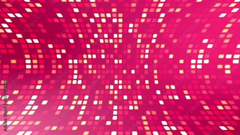 Poster shiny square dots curving and flashing on a 4k red background like a kaleidoscope.