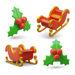 Christmas vehicle, winterberry. Natural decorative winter element. Set of vector objects in different positions. New Year icons, illustrations for dynamic design