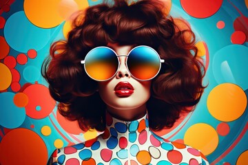 fashion retro futuristic girl wearing sunglasses on pop art background- Woman in sunglasses in...