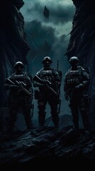 group soldiers exploring unknown places. - obrazy, fototapety, plakaty
