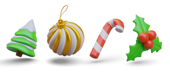 Christmas collection with green tree with snow, beautiful toy, twisted candy cane and holly branch. Set with colorful decoration. Vector illustration in 3d realistic style © ArtHub02