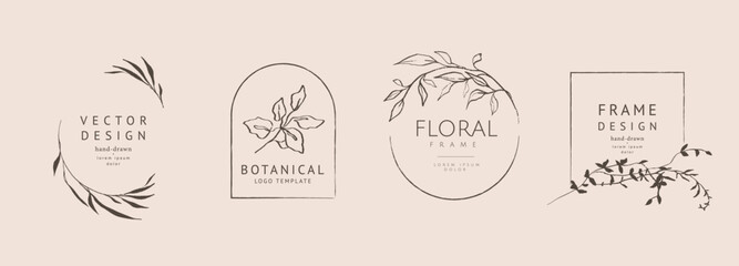 Luxury logo templates with hand drawn trendy plant, branch, flower and leaf elements in line sketch style. Elegant vector floral frame for label, corporate identity, wedding invitation, save the date - obrazy, fototapety, plakaty